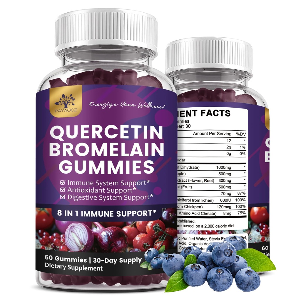 (2 Pack) Quercetin Gummies med bromelain Zink Elderberry Vitamin C D3 K2, Quercetin 1000mg Supplement med bromelain 500mg til cardiovaskulær, immunsystem & allergi, Vegansk Gummy til voksne & Kid
