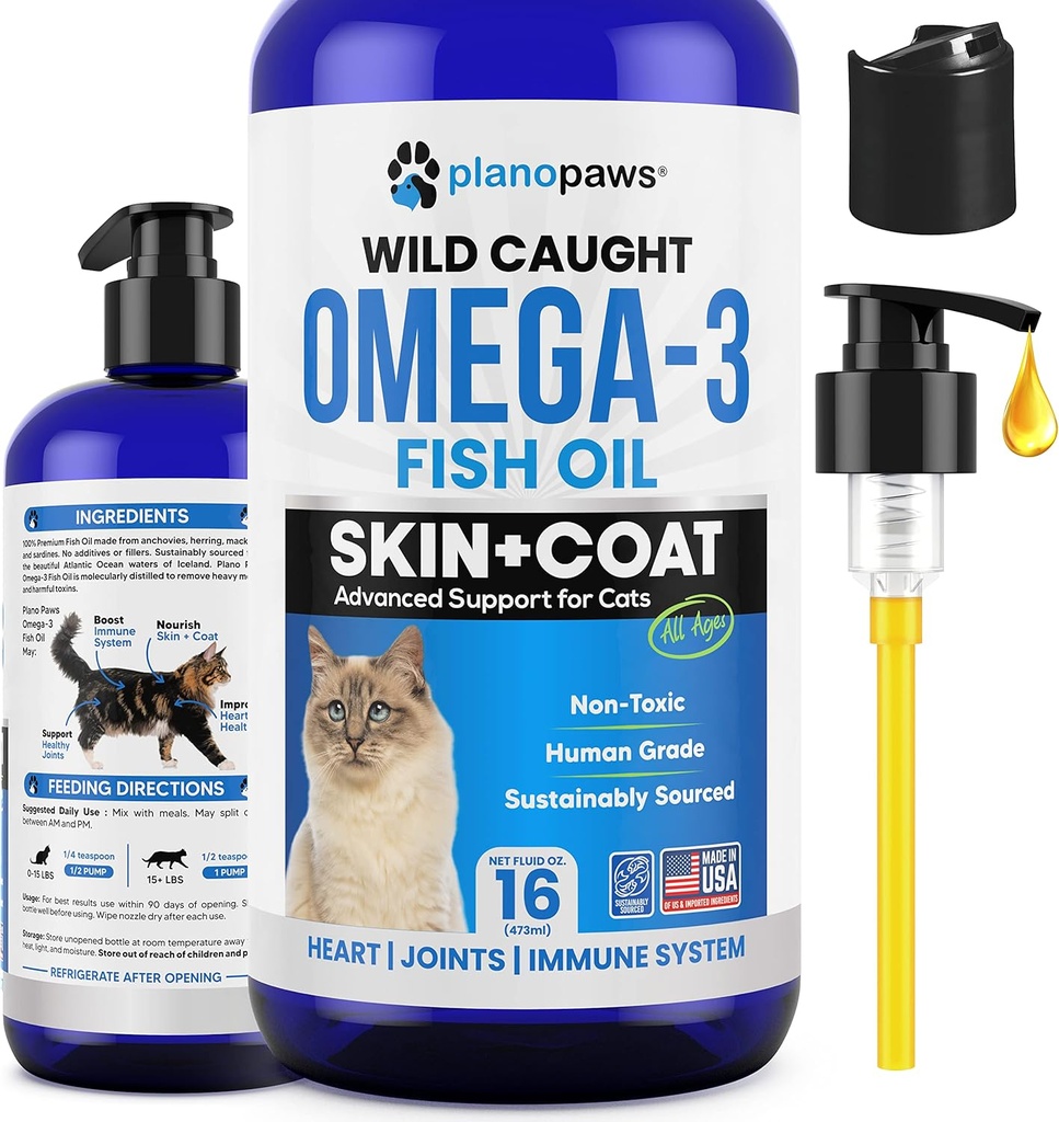 Omega 3 Fish Oil for Cats - Bedre end Laks Oil for Cats - Kitten + Kat Vitamin og Kosttilskud - Kat Health Supplies - Kat Dandruff Behandling - Flydende Fish Oil for Kæledyr - Kat Sheding Produkter