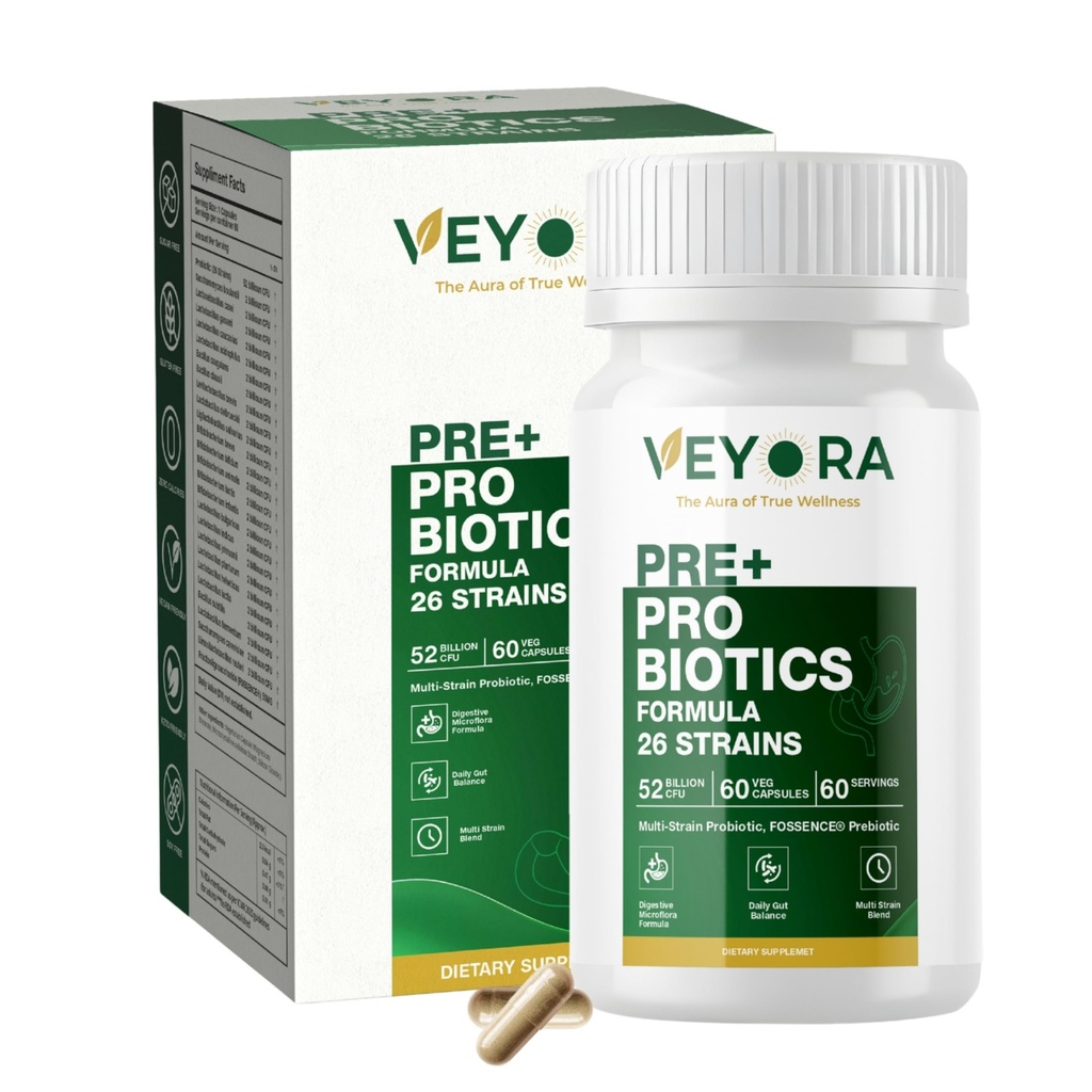 Pre + Probiotic Capsules | 52 Billion CFU | 26 Probiotic Strains with Prebiotic Fiber | 60 Vegan Capsules | Dietary Supplement | Non-GMO | Gluten-Free | Made for USA