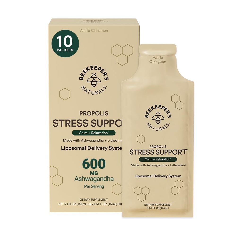 Ashwagandha Liposomal Stress Support by Beekeeper's Naturals, 600mg with Propolis, L-Theanine, Anti-Stress Support for Calm & Relaxation, 10ct
