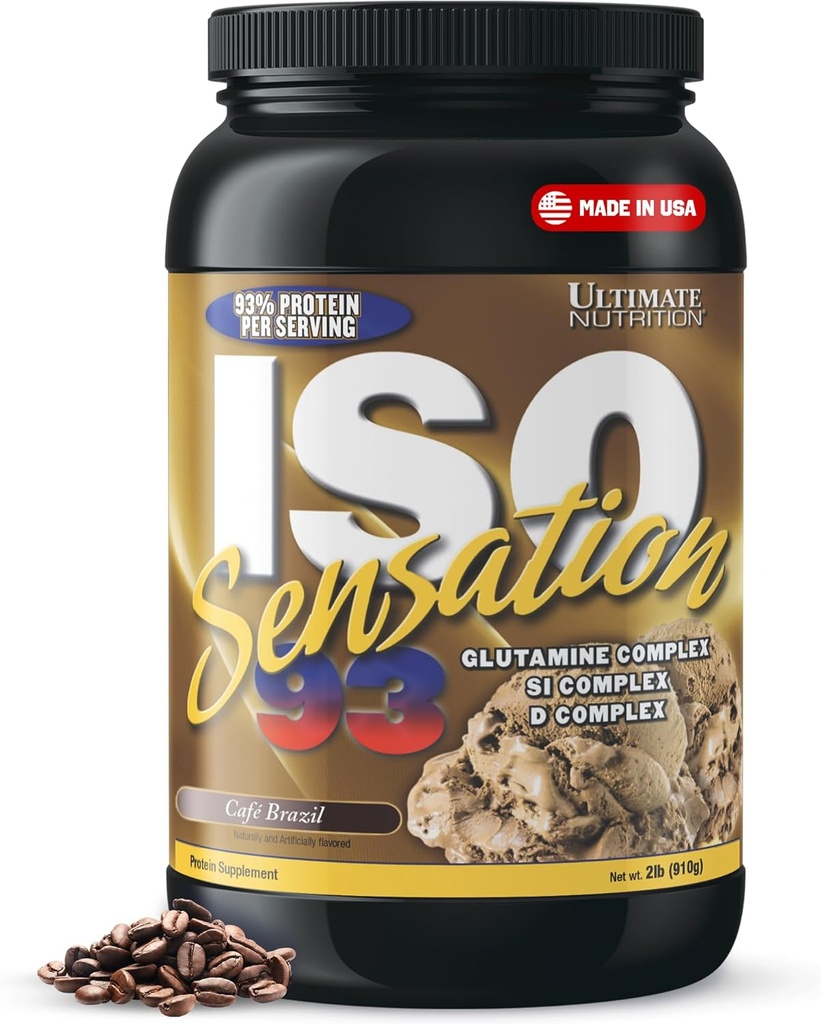 Ultimate Nutrition Whey Protein Isolate Powder med Glutamin Complex, ISO Sensation 93 - Whey Protein Powder med Tilføjet Colostrum for forbedret inddrivelse, Immunitet & Gut Health - Cafe Brasilien, 2lbs