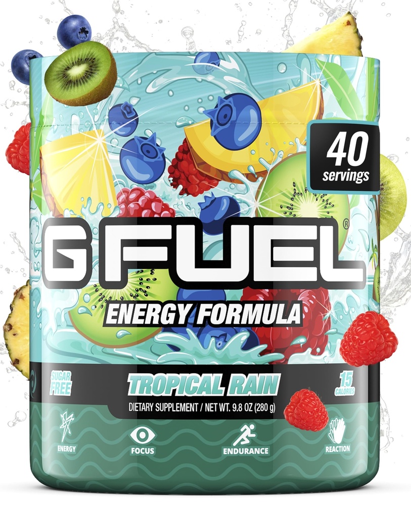 G Brændstof Tropisk regn energi drikke pulver, Pre workout koffein mix til gaming, Sukker Free Focus Amino, Vitamin + antioxidanter, 9.8oz (frugt Medley, 40 Servere)