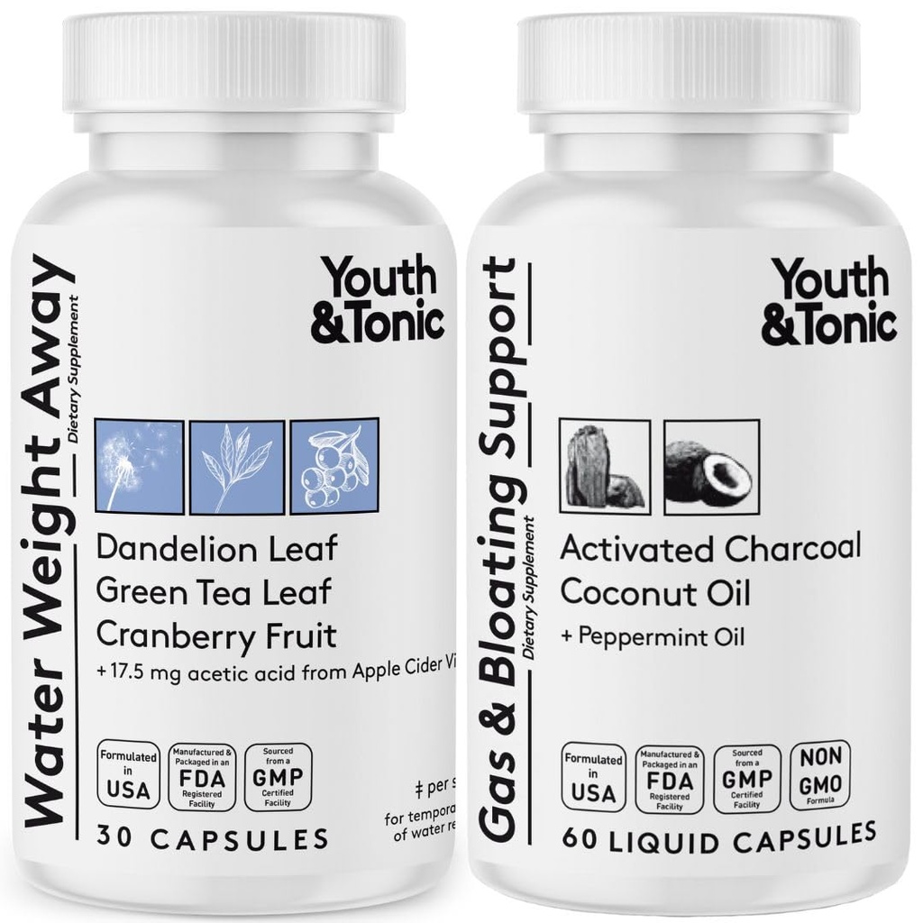 Vandvægt Væk & Gas og Bloating - Diuretic & Charcoal piller til Bloating Relief - Støtte til vandretention, hævede ben og fordøjelsesbesvær - Pebermynte & kokosolie - 90 piller