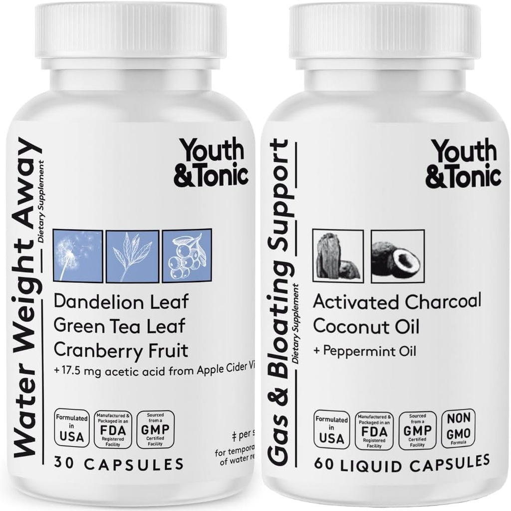 Vandvægt Væk & Gas og Bloating - Diuretic & Charcoal piller til Bloating Relief - Støtte til vandretention, hævede ben og fordøjelsesbesvær - Pebermynte & kokosolie - 90 piller