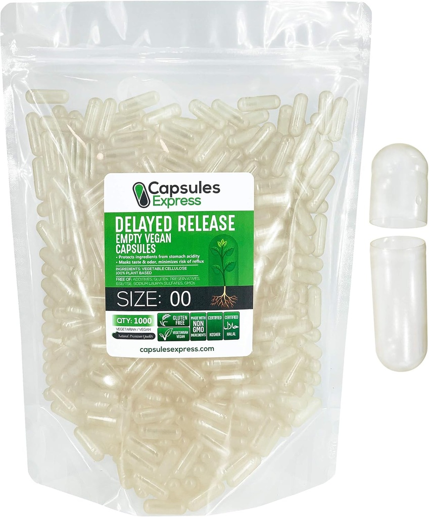 XPRS Nutra Delayed Release Størrelse 00 Tomme kapsler - 1000 Tomme Veganske kapsler - Vegetariske piller selv Vegetabilske Kapsler Fyldning - Filtable Veggie Gel Caps til Do- It- Yourself Kosttilskud