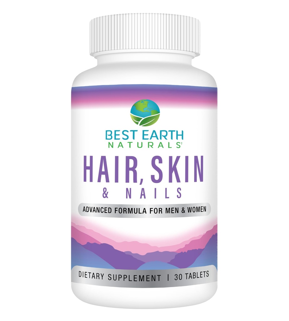 Bedste Jord Naturals hår, hud og negle supplement med biotin, kollagen, vitaminer for sundt hår, glødende hud, stærke negle
