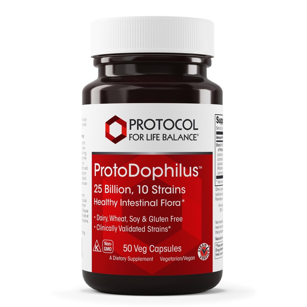PROTOCOL FOR LIFE BALANCE Proto Dophilus 25 Billion 10 Strains - Support Digestive Gut Health Immune System & Detox - Dairy, Wheat, Soy & Gluten Free - Vegan & Nut Free - 50 Veg Capsules