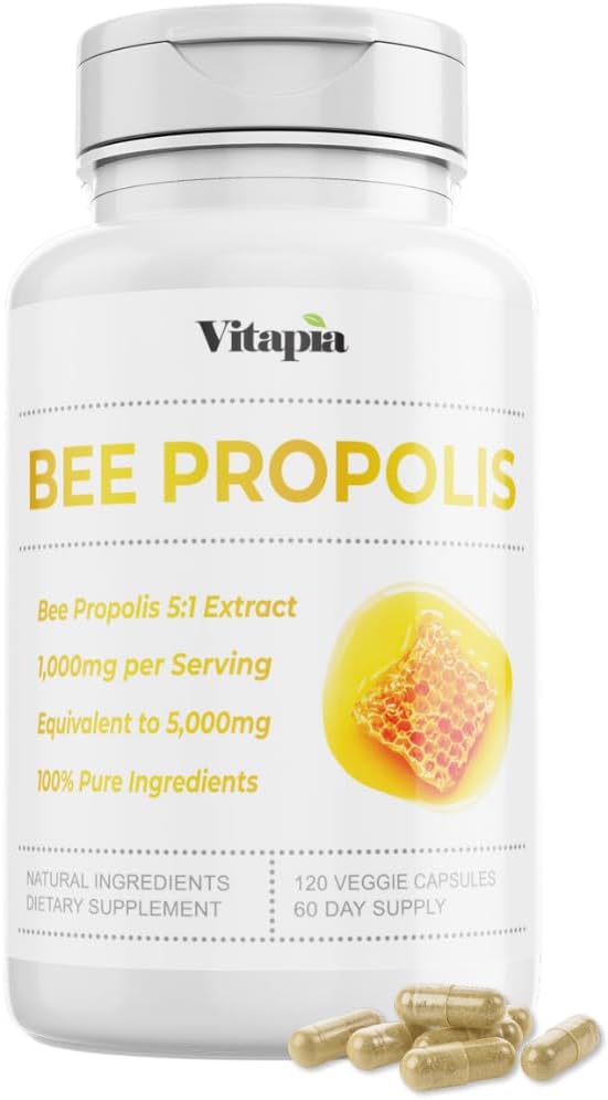Bee Propolis Extract Capsules 1000mg Supplement for immunforsvar, Vitality, Hud Sundhed - Potent Polyphenoler, Flavanoider, Antioxidanter - 120 Greve, Non- GMO, Gluten- fri