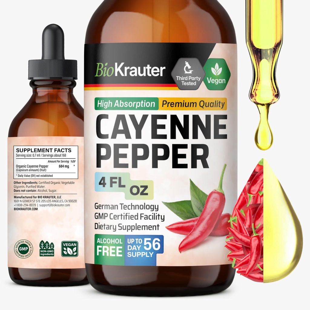 BIO KRAUTER Cayenne Pepper Extract Liquid - Pure Capsaicin Extract - Liquid Cayenne Pepper Drops til fordøjelsesstøtte - Sukker & Alkohol Free 4 Fl.Oz.