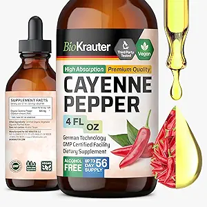 BIO KRAUTER Cayenne Pepper Extract Liquid - Pure Capsaicin Extract - Liquid Cayenne Pepper Drops til fordøjelsesstøtte - Sukker & Alkohol Free 4 Fl.Oz.