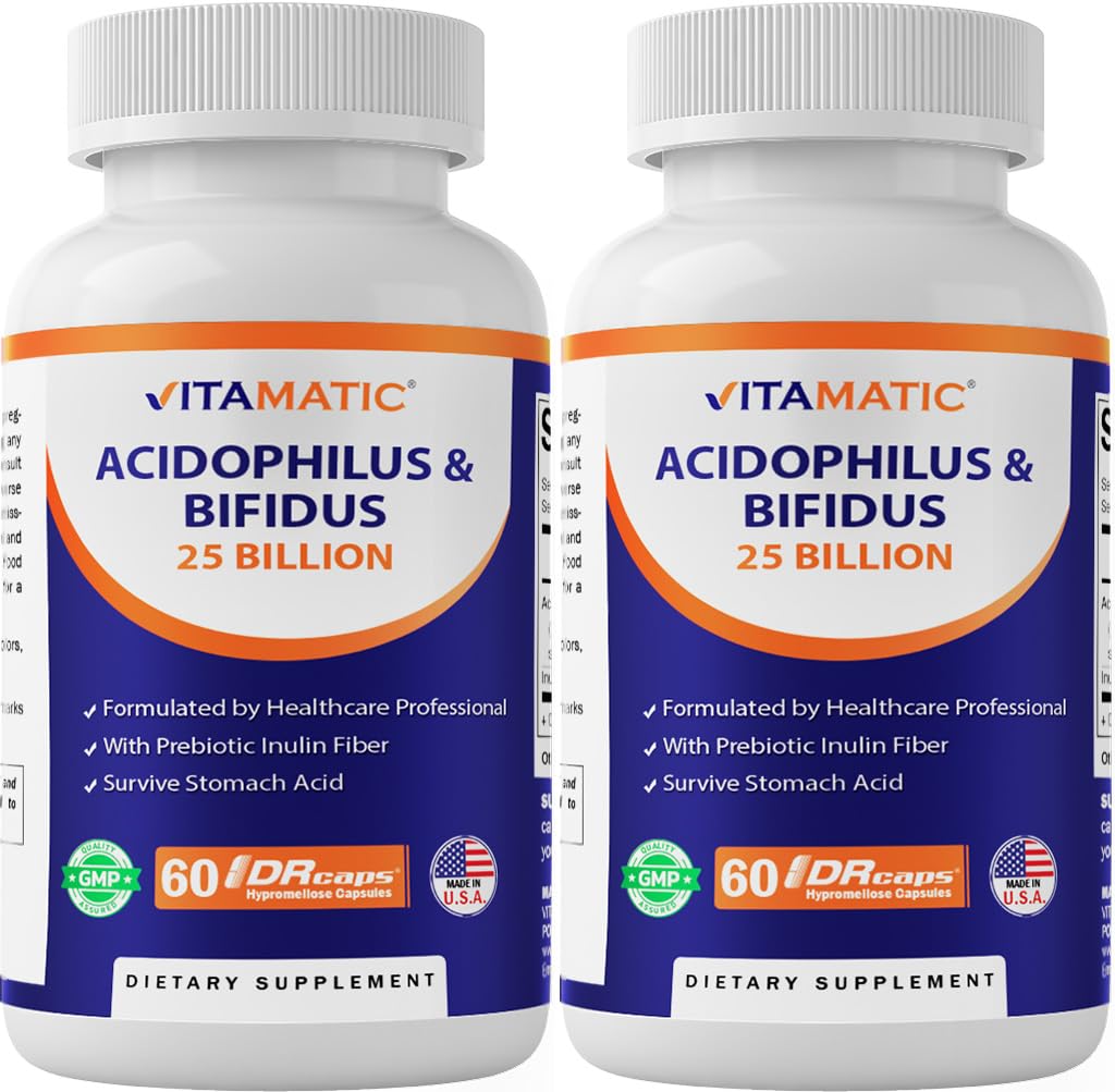 Vitamatic Acidophilus Bifidus 25 Billion DR Capsule - 60 Count - Digestive Support - Made with Prebiotic Inulin Fiber - 2 Pack (120 Count)