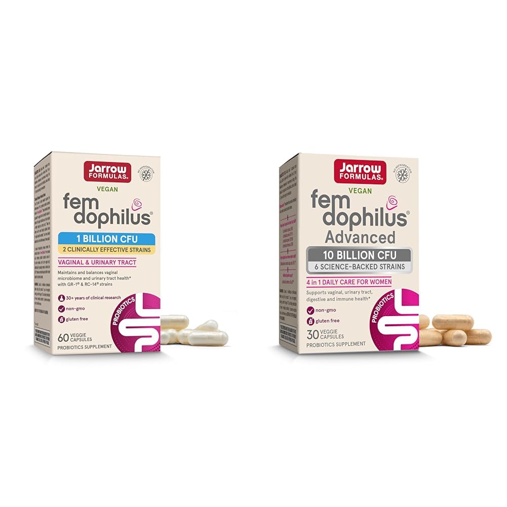 Jarrow Formulas Fem-Dophilus Probiotics 1 Billion CFU with 2 Clinically Effective Strains & Fem-Dophilus Advanced Probiotics 10 Billion CFU