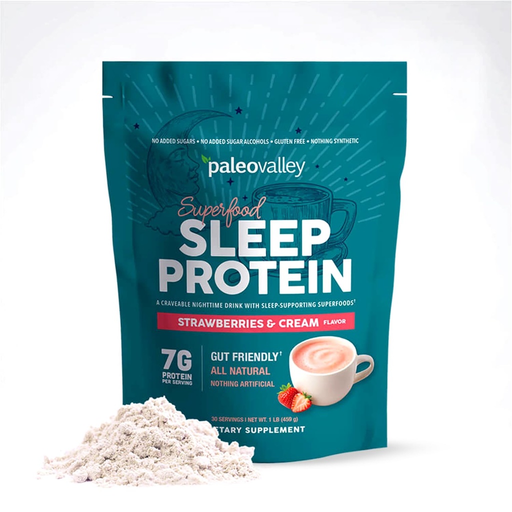 Paleovalley Sleep Drink Superfood Protein Powder, Strawberries and Cream, Melatonin and Magnesium from Whole-Food, 7g Grass-Fed Bone Broth Protein, for Nighttime Rest, 30 Servings