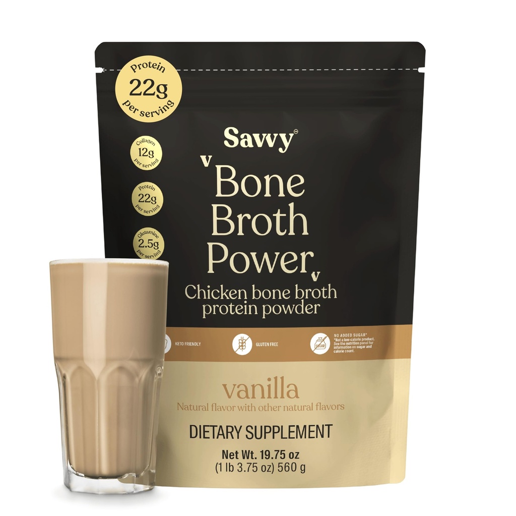 SAVVY Bone Broth Power Vanilla Protein Powder – 22g Protein, 12g Collagen, Glutamine, MCTs – Bone Broth for Muscle, Joint, Digestive & Skin Health – Dairy-Free, Keto – 560g (16 Servings)