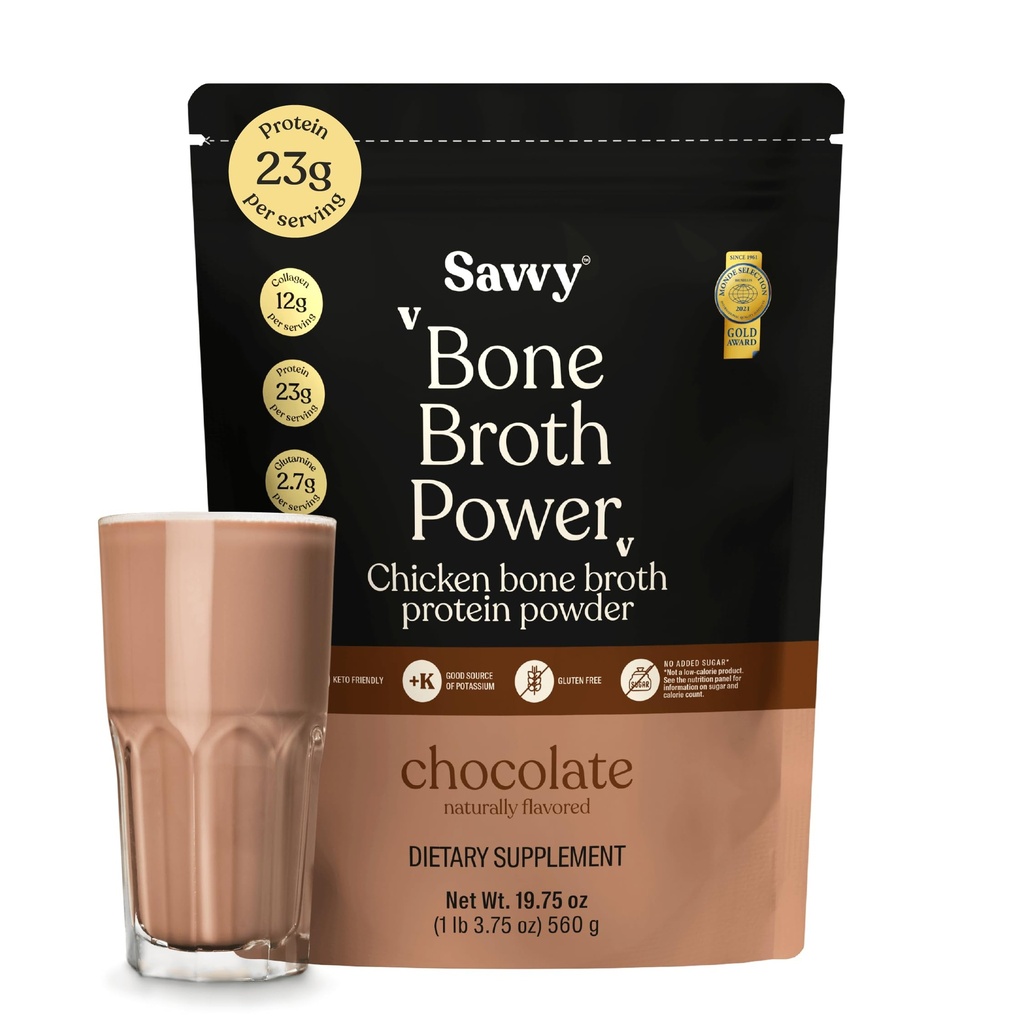 SAVVY Bone Broth Power Chocolate Protein Powder, 23g Protein, 12g Collagen & Glutamine, Muscle, Joint, Digestive & Skin Health, Keto, Dairy Free, Award-Winning Bone Broth, 560g (16 Servings)