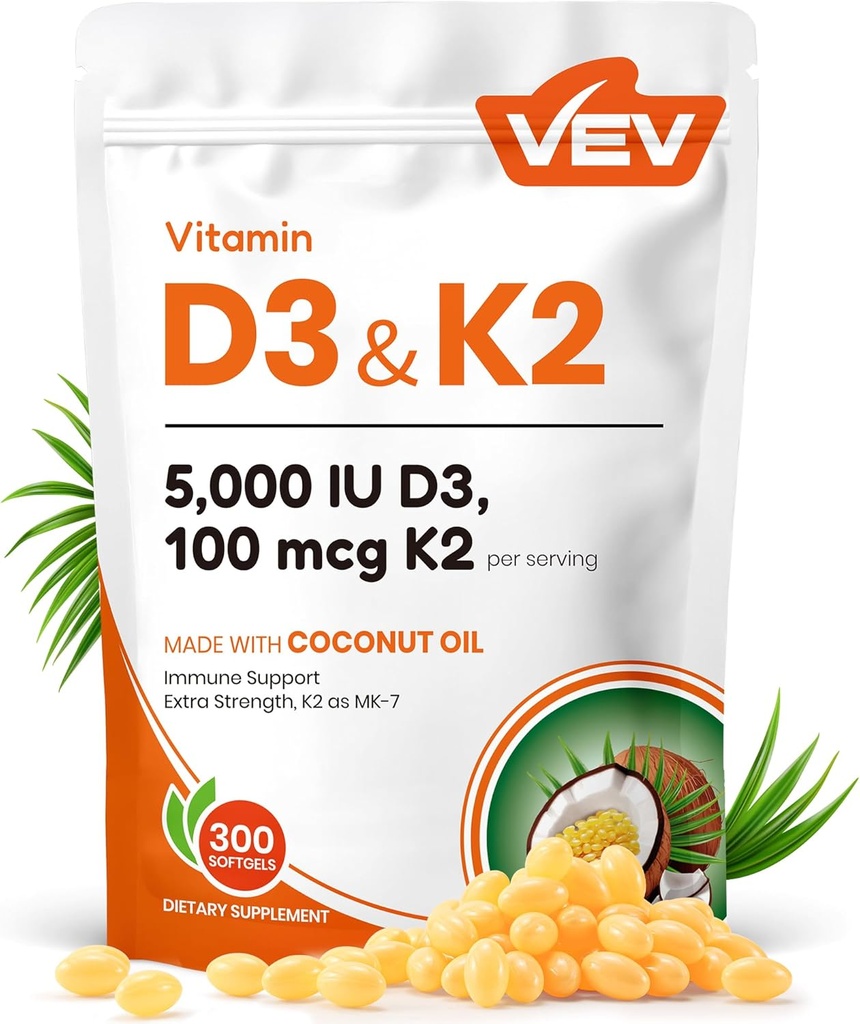 VEV Corefeel D3 K2, 5000 IE D3 100mcg K2 (MK 7), 300 Softels, 2- in-1 vitamin D & K tillæg med kokosolie, understøtter Calcium Absorption og ben sundhed, Let at synke