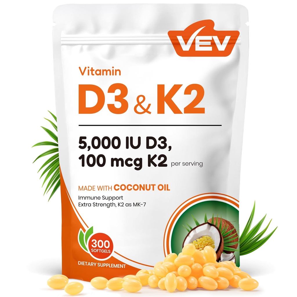 VEV Corefeel D3 K2, 5000 IE D3 100mcg K2 (MK 7), 300 Softels, 2- in-1 vitamin D & K tillæg med kokosolie, understøtter Calcium Absorption og ben sundhed, Let at synke