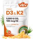 VEV Corefeel D3 K2, 5000 IE D3 100mcg K2 (MK 7), 300 Softels, 2- in-1 vitamin D & K tillæg med kokosolie, understøtter Calcium Absorption og ben sundhed, Let at synke