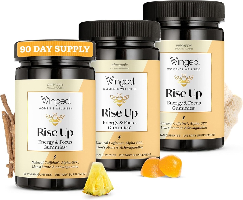 Vinget wellness stige op, Energi & Focus gummies for Women - Daily Brain Boost Gummy Supplement med naturlig koffein, Ashwagandha, B12, Nootropics Alpha- GPC & Lions Mane - Ananas, 180 Gummies