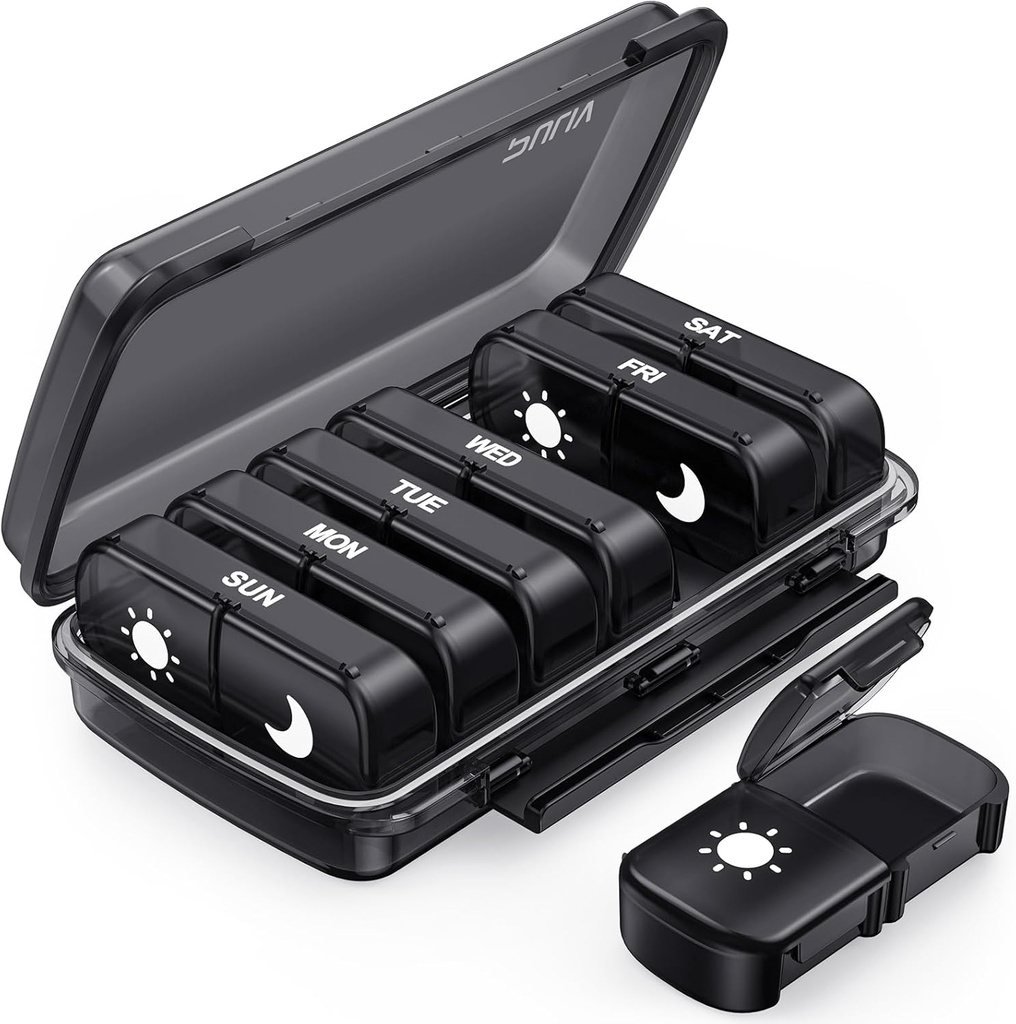 PULIV Weekly Pill Organizer 7 Day 2 Times a Day, Black Damp-Proof AM PM Pill Box 7 Day, Pill Case with Portable Design, Large Medicine Organizer for Vitamins, Medications, Fish Oils, Supplements