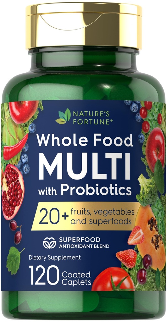 Naturens Fortune Hel Food Multivitamin med Probiotika 4004; 120 Overtrukket Caplets 4004; Lavet med 20 Frugter og Grøntsager 4004; Non- GMO & Gluten Free Supplement
