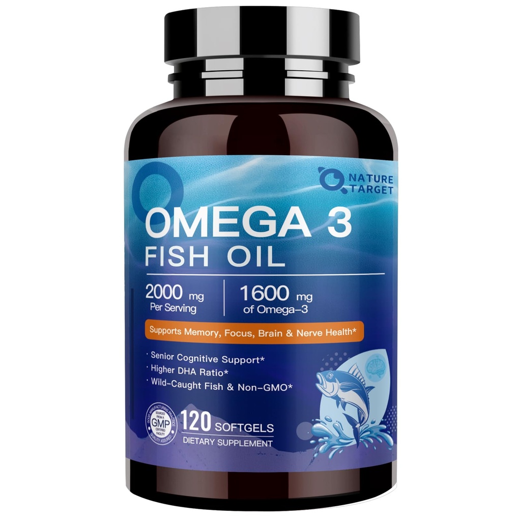 NATURE TARGET Omega 3 Fish Oil 2000mg, High-Purity Omega 3 EPA DHA with PS & CoQ10, Fish Oil Supplements for Heart Health, Brain Function & Memory, Advanced Absorption, Non-GMO, 120 Softgels
