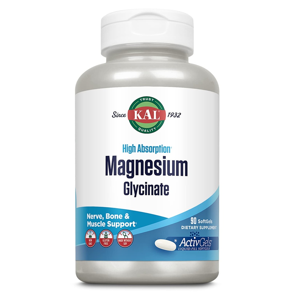 KAL Magnesium Glycinate ActivGels 315mg, High Absorption Magnesium supplement til muskel, nerve & ben sundhed støtte, non-GMO, gluten fri, 30 Servere, 90 Softgels
