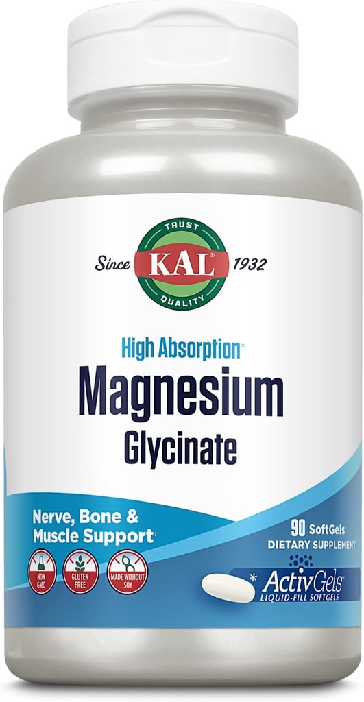 KAL Magnesium Glycinate ActivGels 315mg, High Absorption Magnesium supplement til muskel, nerve & ben sundhed støtte, non-GMO, gluten fri, 30 Servere, 90 Softgels