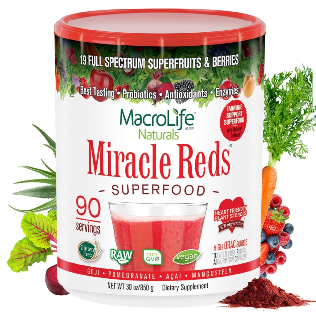 MacroLife Naturals Miracle Reds Superfood Supplement Powder Antioxidanter Polyphenoler Enzymes Probiotika - Raw Non- GMO Organic Vegan Gluten & Dairy Free - 30oz (90 Servere) 30oz