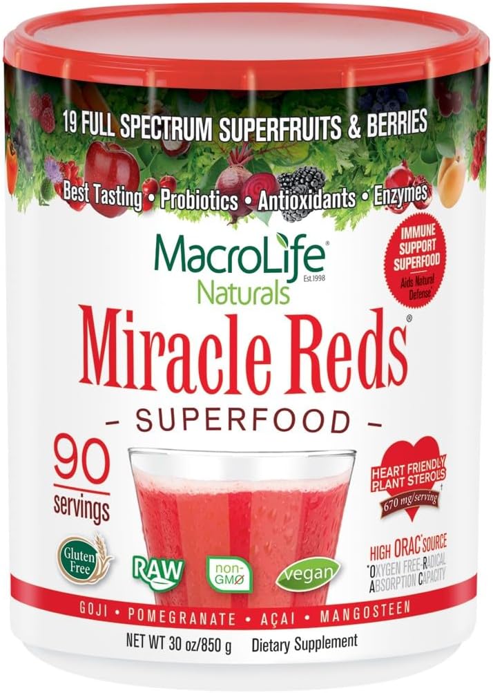 MacroLife Naturals Miracle Reds Superfood Supplement Powder Antioxidanter Polyphenoler Enzymes Probiotika - Raw Non- GMO Organic Vegan Gluten & Dairy Free - 30oz (90 Servere) 30oz