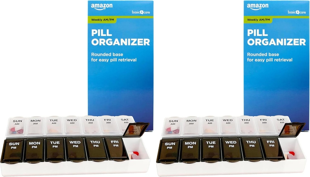 Grundlæggende pleje (7-dag) AM / PM Pill Organizer, Vitamin Case, og medicin boks, store afdelinger, 2 gange om dagen, sorte og klare låg (pakke med 2)