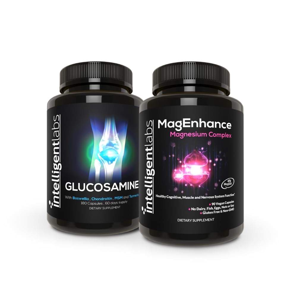 Intelligente Labs 2- in-1 Bundle of MagEnhance Triple Magnesium Complex (Magnesiumtrionat tillæg med Mg Taurat og Mg Glycinate) + Glucosamin og Chondroitin fælles pleje kompleks med MSM
