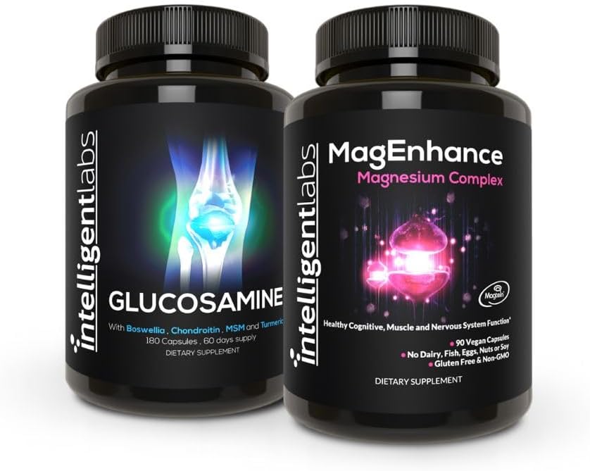 Intelligente Labs 2- in-1 Bundle of MagEnhance Triple Magnesium Complex (Magnesiumtrionat tillæg med Mg Taurat og Mg Glycinate) + Glucosamin og Chondroitin fælles pleje kompleks med MSM