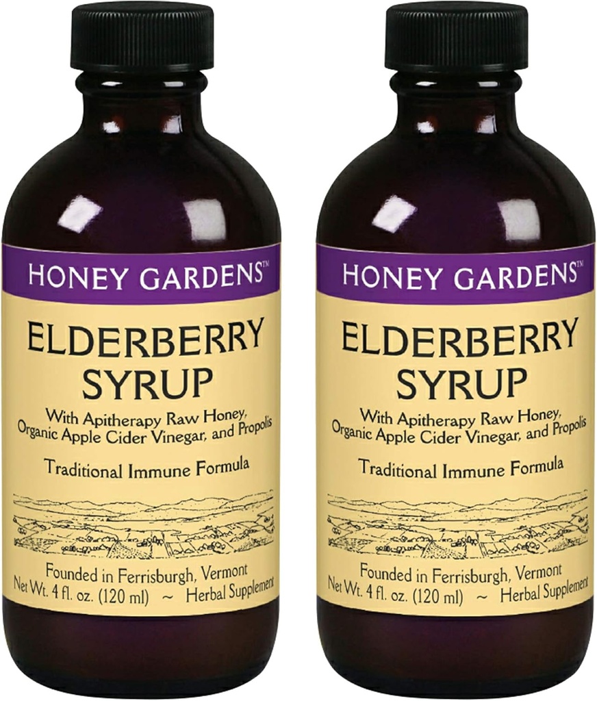 Honey Gardens Elderberry Syrup med Grad A Raw Honey, Propolis, Organic ACV & Elderberries