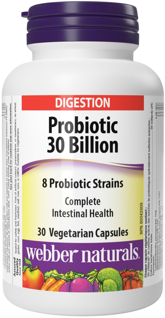 Webber Naturals Probiotic 30 Billion, 8 Probiotic Strains, 30-Capsules
