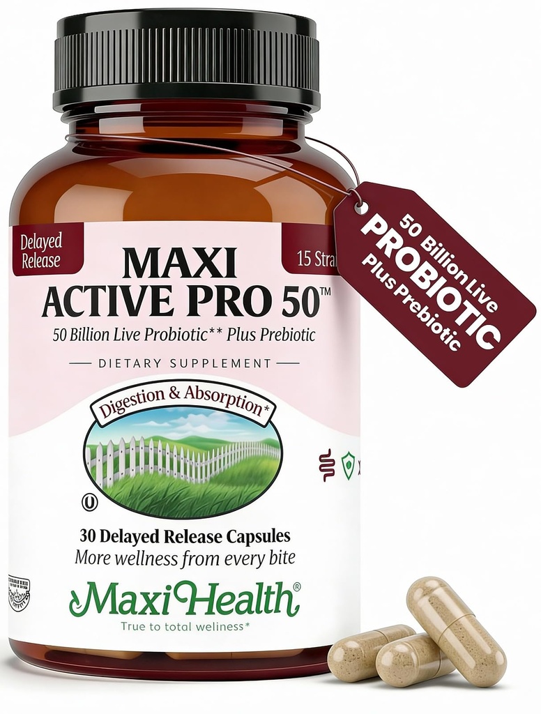 Maxi Health Probiotics for Women & Men Plus Prebiotics – 15 Strains for Digestive Support – Probiotics for Digestive Health with 50 Billion CFU – Kosher, Vegan, Delayed Release, 30 Count, Pack of 1