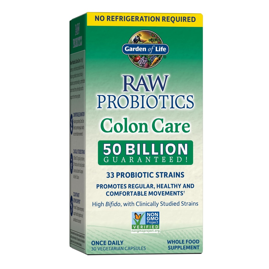Garden of Life Probiotics for Women & Men-Raw Probiotics Colon Care 50 Billion CFU and Enzymes, Shelf Stable Once Daily Acidophilus Probiotic for Regularity & Immune Health, 30 Capsules(Pack of 6)