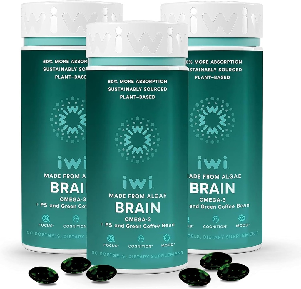 iwi life Brain Omega-3, 180 Softgels (90 Servere), Vegan Plant- baseret Algae Omega-3 med EPA + DHA, Focus, Memory and Mood Support Supplement, Krill & Fish Oil Alternative, Ingen Fishy Eftersmag