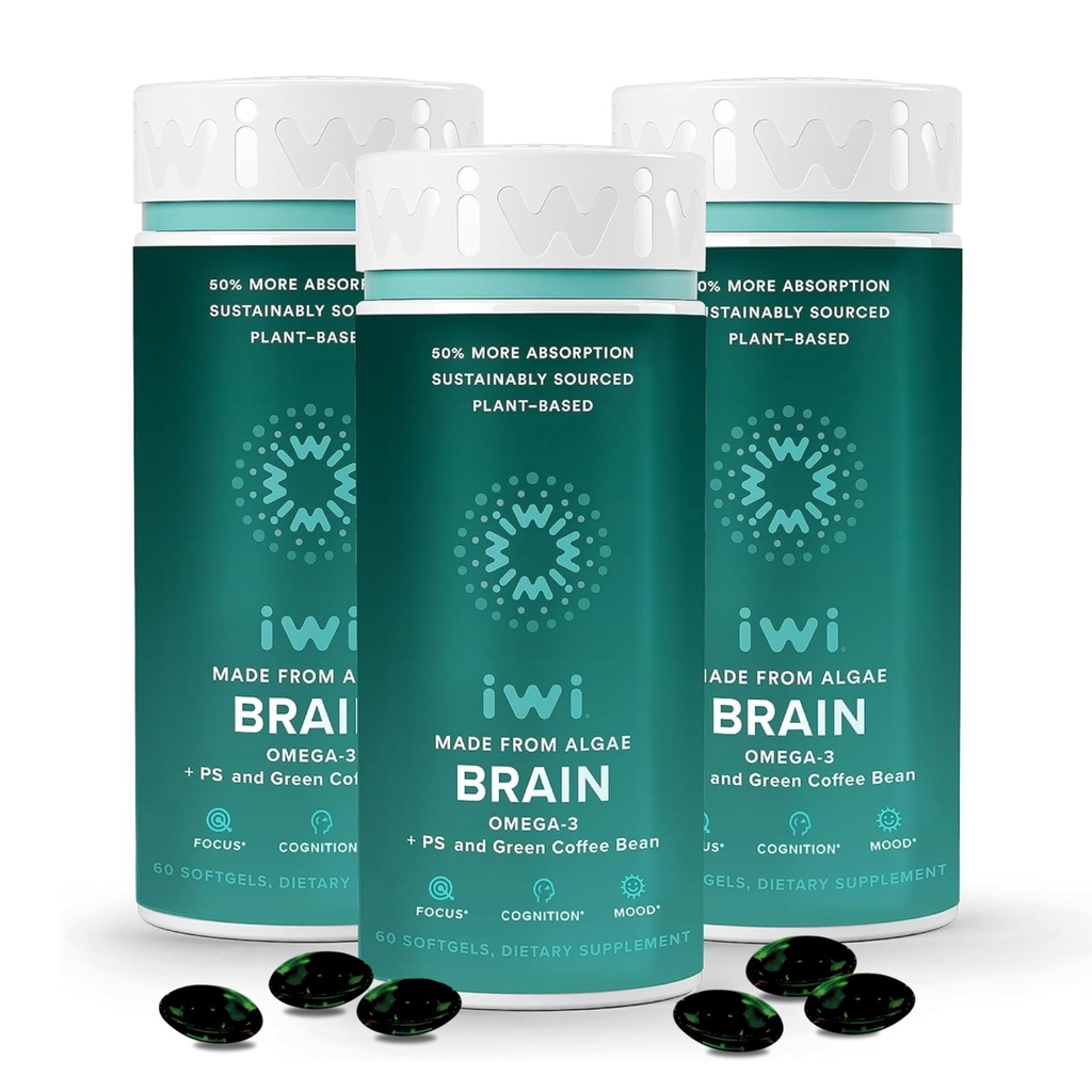 iwi life Brain Omega-3, 180 Softgels (90 Servere), Vegan Plant- baseret Algae Omega-3 med EPA + DHA, Focus, Memory and Mood Support Supplement, Krill & Fish Oil Alternative, Ingen Fishy Eftersmag