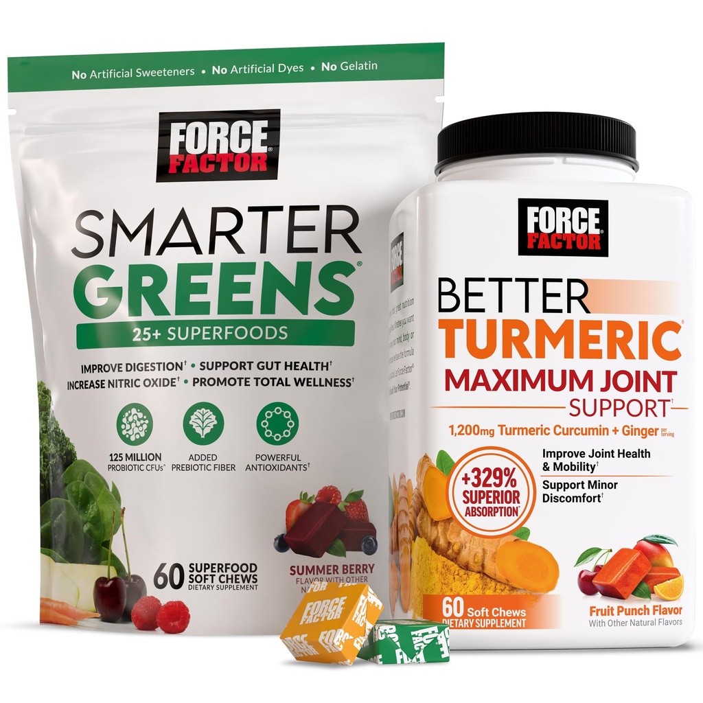 Force Factor Better Turmeric Maximum Joint Support, 1075mg Curcumin + Smarter Greens Superfood, Greens and Superfoods, 120 Soft Chews