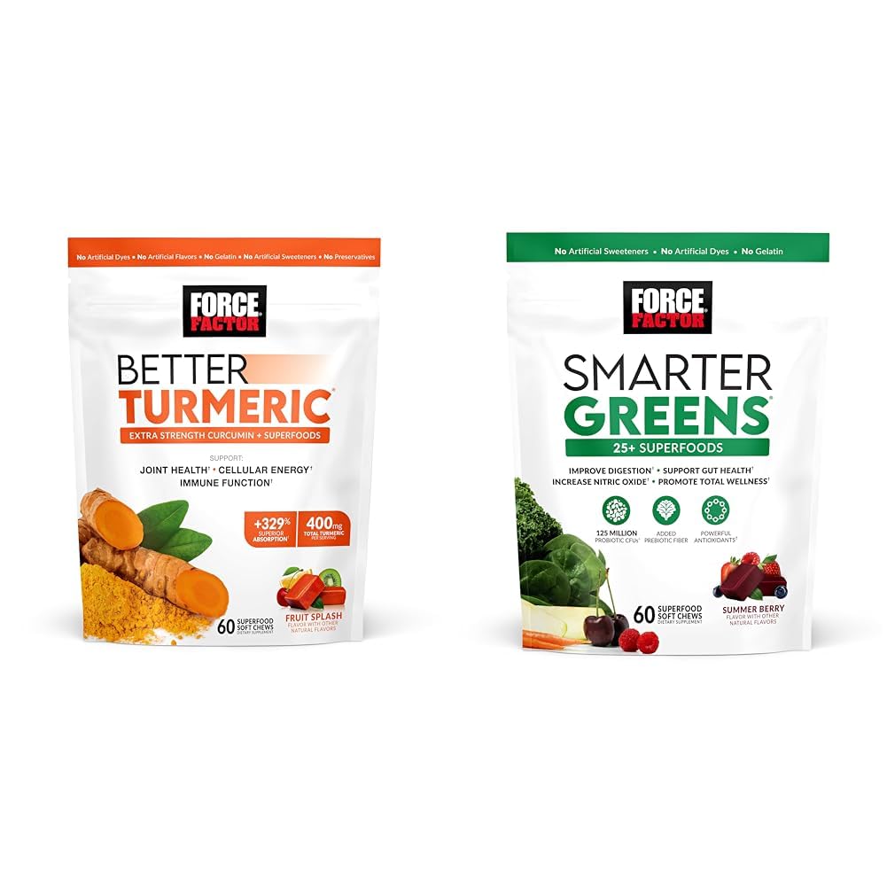 Force Factor Better Turmeric Joint Support Supplement for Extra Strength Joint Health & Smarter Greens Superfood Chews, Greens and Superfoods with Probiotics, Antioxidants