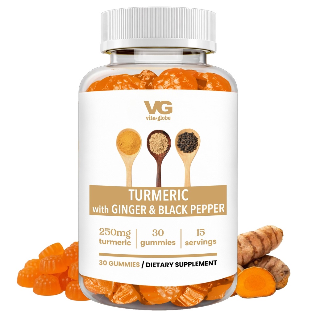 VITA Globe Turmeric Supplement Gummies with Ginger & Black Pepper – 250mg Turmeric Extract, Vegan, Non-GMO Herbal Supplement, Daily Wellness Formula – 30 Count (Pack of 1)