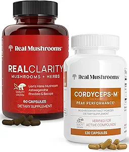Real Mushrooms RealClarity (60ct) og Cordyceps (120ct) Kapsler Bundle - Mushroom supplement til mental Klarhed, Focus, Energy & Vitality - Vegan, ikke-GMO, verificerede niveauer af Beta- glucans