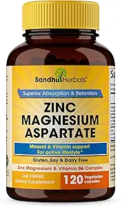 SANDHUHERBALS Zink Magnesium Aspartat Supplement 120 Kapsler 124; med B6-vitamin & Zink