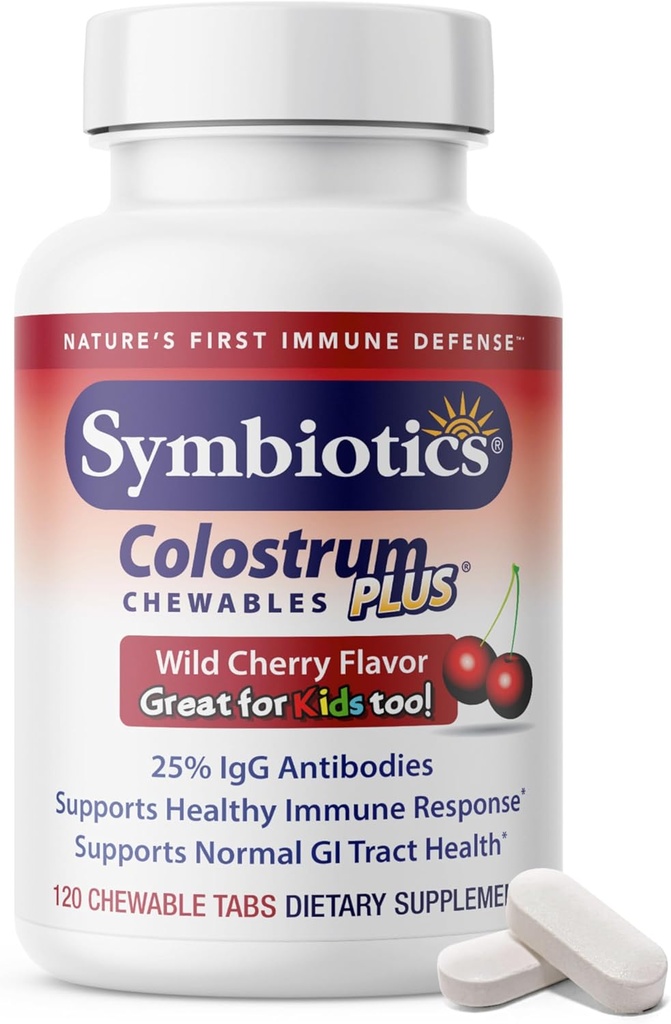 Symbiotika Colostrum 120ct Chewables Plus - Immunity Support for Adult & Kids - Lactoferrin Supplement & Colostrum Protein - Understøtter fordøjelse & Gut - 25% lgG Antistoffer, Gluten Free - Wild Cherry