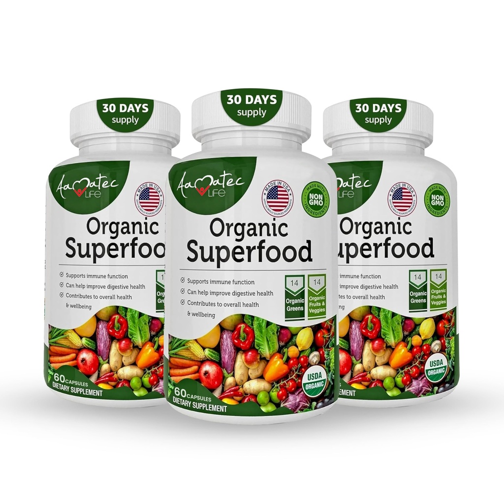 Organic Superfood Green Fruits and Veggies Complex - Bedste Kosttilskud med 14 Grønne & 14 Frugter & Grøntsager med Alfalfa Rich i antioxidanter Økologiske ingredienser Non-GMO (180 Count Pack af 3)
