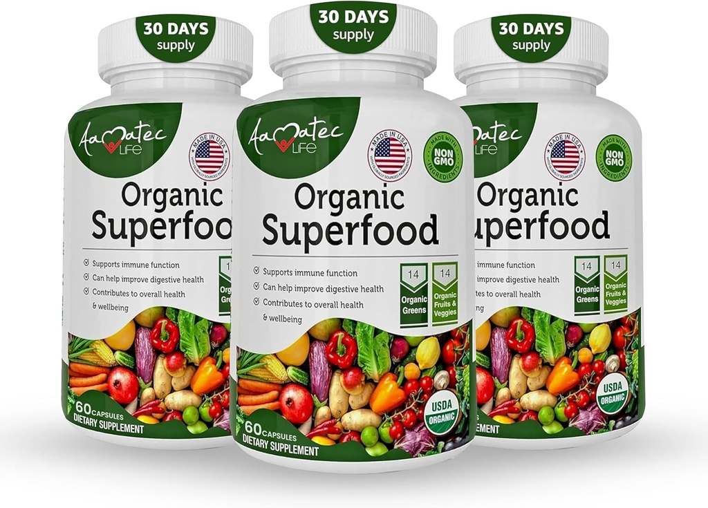 Organic Superfood Green Fruits and Veggies Complex - Bedste Kosttilskud med 14 Grønne & 14 Frugter & Grøntsager med Alfalfa Rich i antioxidanter Økologiske ingredienser Non-GMO (180 Count Pack af 3)