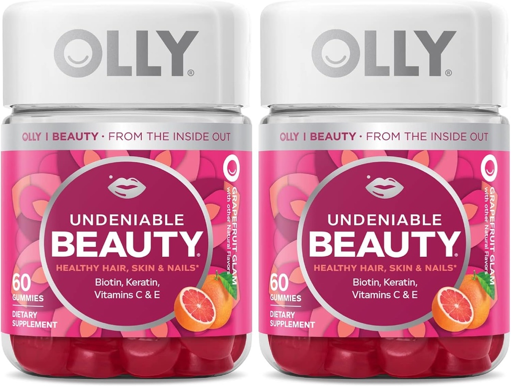 OLLY Undeniable Beauty Gummy, for Hår, Hud, Nails, Biotin, C-vitamin, Keratin, Chewable Supplement, Grapefrugt, 30 Day Supply - 120 Greve