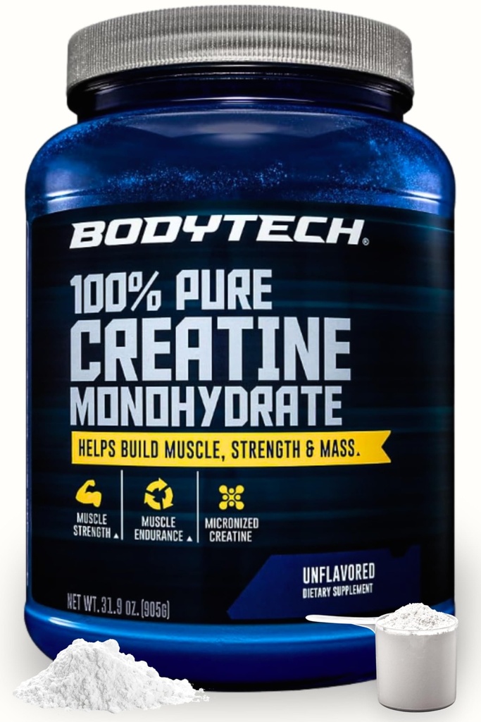 BodyTech Creatine Monohydrate Powder, Unflavored Micronized Creatine Formula for Men and Women, 5g per Serving, Pre Workout & Post Workout Supplement, Gluten Free, Sugar Free, 31.9 Oz, 181 Servings