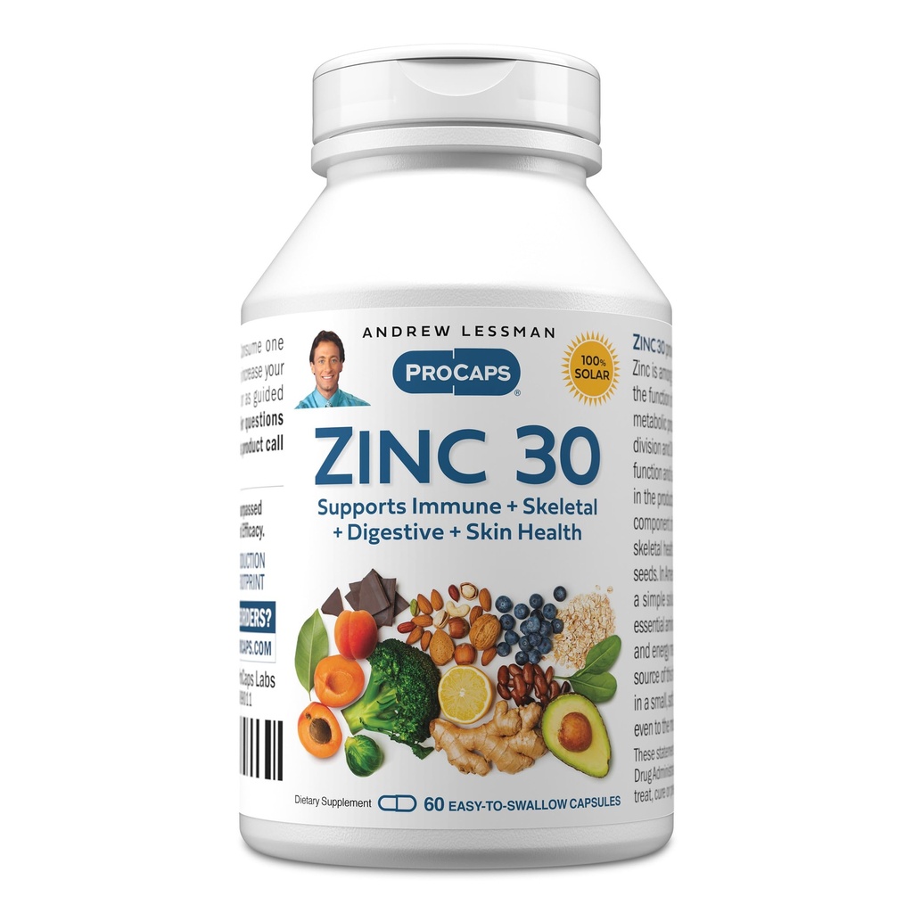 ANDREW LSSMAN Zink 30mg - 60 kapsler - Meget absorberbar Zinkcitrat. Understøtter immunforsvar, skeletal, fordøjelse og hudsundhed. Lille let at synke kapsler. Ingen tilsætningsstoffer